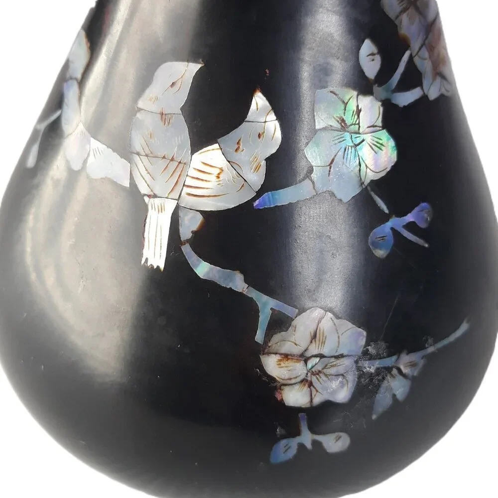 Asian Black Lacquer Mother of Pearl Inlay Bud Vase